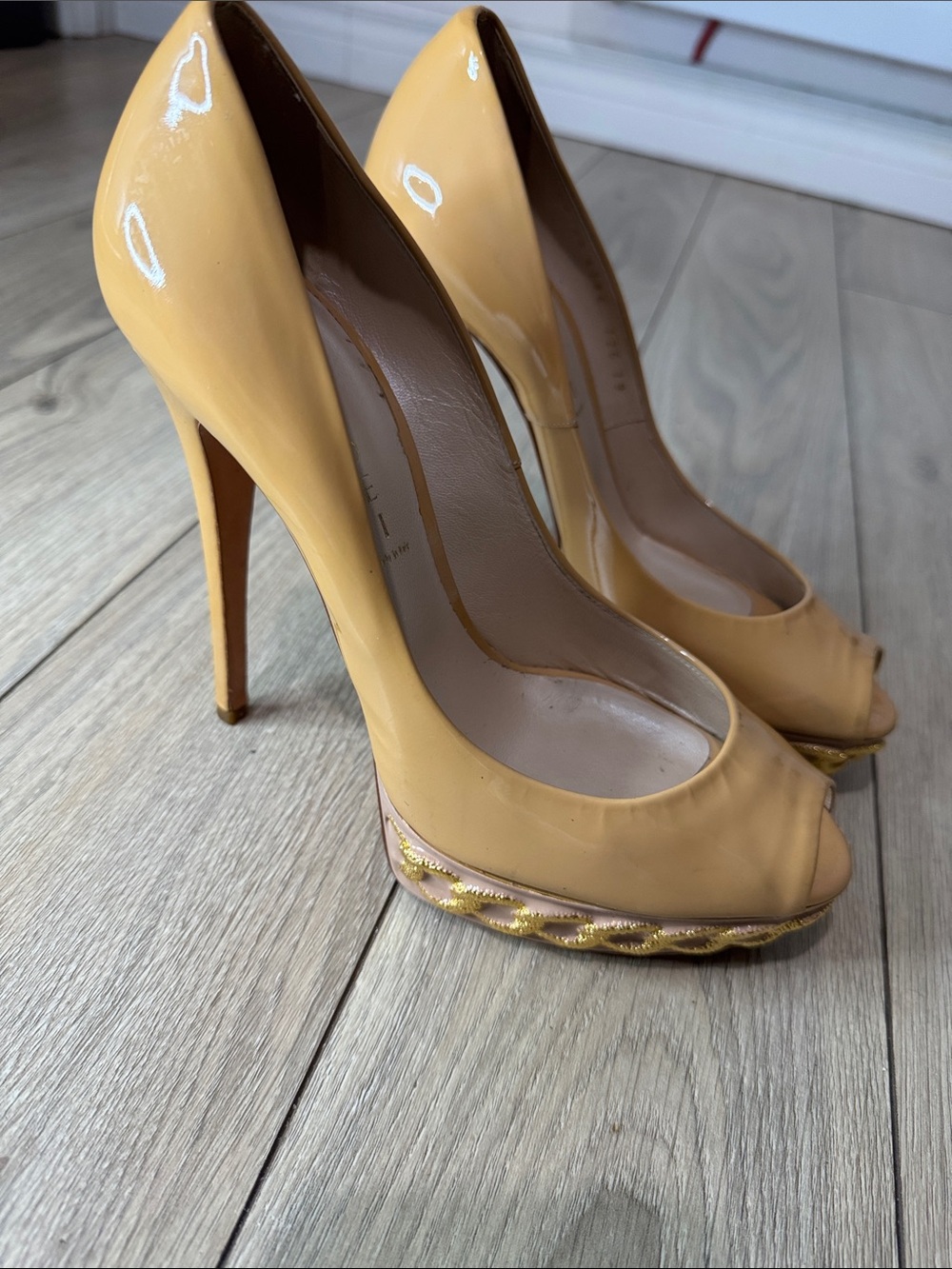 Casadei Nude Peep-Toe Patent High Heels